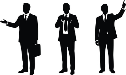 Silhouette of three business professionals presenting, speaking, and celebrating in formal attire

