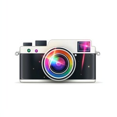 Colorful camera illustration with vibrant lens.