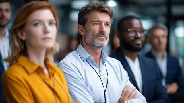 Business professionals and diverse team modern office environment listening attentively during corporate seminar, serious focus group meeting, professional business leadership, teamwork