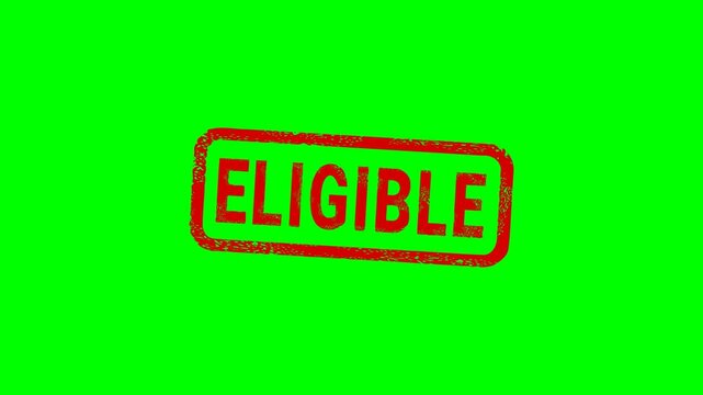 Appearance of a dirty red stamp mark "ELIGIBLE" surrounded by a rounded frame  from above on a green screen with alpha channel