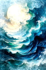 Sunlit Celestial Ocean Waves in Abstract Light, Dreamlike Flow of a Cosmic Sea -Generative AI
