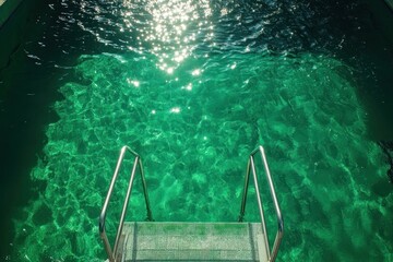 Descent into pool. Pool with emerald-colored water. Steps into the green pool