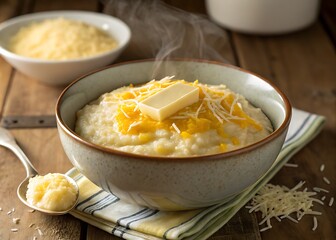 Hot bowl of grits with butter and shredded cheese food