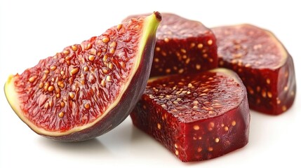 Close-up view of sliced figs on a white background.