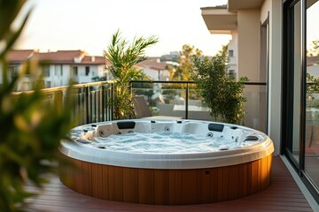 Jacuzzi on the terrace. Round bathtub on wooden balcony.