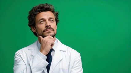 Thoughtful male doctor white coat with beard and curly hair, hand chin, standing against green background, medical healthcare professional thinking, contemplation, decision making, confident adult