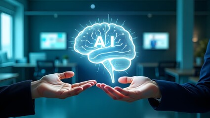 Futuristic glowing brain with A I text over open hands artificial intelligence technology