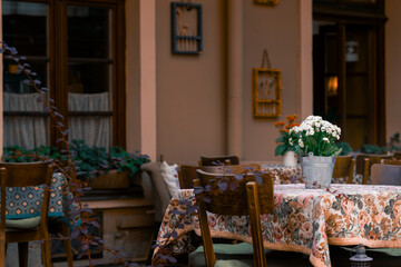 vintage room cafe patio indoor space silent peaceful place table sheet and flower pot neutral calm...