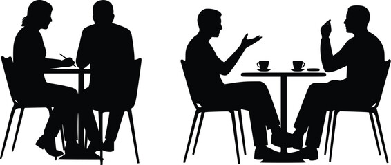 Silhouette of formal meeting with two people discussing ideas over coffee in business setting