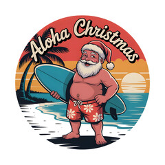 Surfing santa claus enjoying aloha christmas on a tropical beach isolated on transparent background