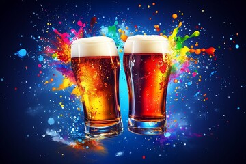 Two beer glasses clinking celebration with colorful splash background
