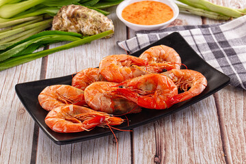 Delicous boiled tiger prawn with sauce