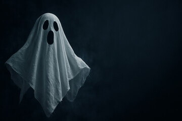 A traditional white sheet ghost floats ominously against a dark, misty background. The wide-open black eyes and mouth give it a startled expression, embodying the iconic Halloween ghost.