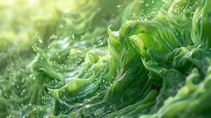 Green abstract painting with fluid swirls, gold highlights, and organic textures. Vibrant and dynamic.