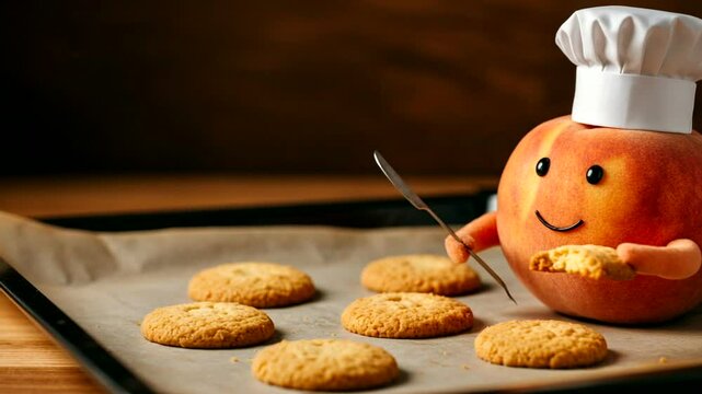 Cute peach baker preparing fresh cookies on a baking sheet, whimsical and creative food concept