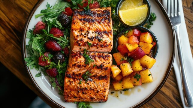 Grilled salmon with peach salsa and fresh salad on a plate.