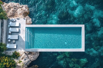 Swimming pool with sea view. Swimming pool in stone top view