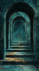 Walking Through Arched Stairway with Atmospheric Blue Light