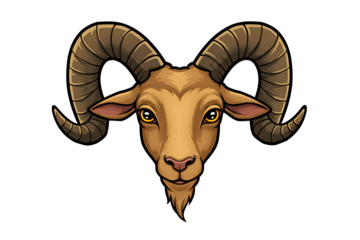 Detailed illustration of a brown ram head with large curled horns, isolated on transparent background for farm animal themes, agricultural content, and educational materials.
