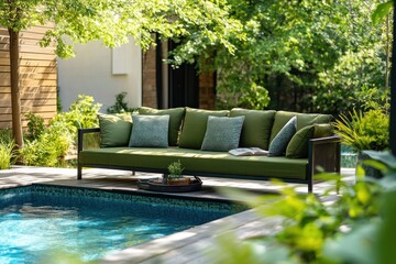 Green garden sofa by pool. Backyard pool. Sofa and table