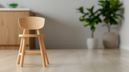 Minimalistic Wooden Chair in Bright Interior with Potted Plant and Modern Cabinet View