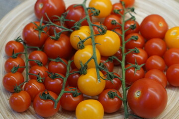 Cherry tomatoes yellow and red on branches on a bamboo plate