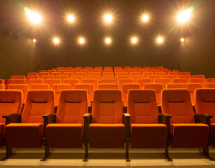 Um teatro vazio com muitas poltronas vermelhas e confortáveis. Teatro bem iluminado com holofotes ao fundo.
