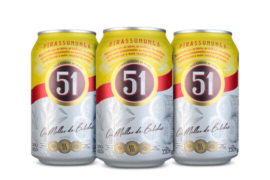 S&atilde;o Paulo, Brazil, July 10, 2025, Three cans of cacha&ccedil;a 51 isolated on a white background