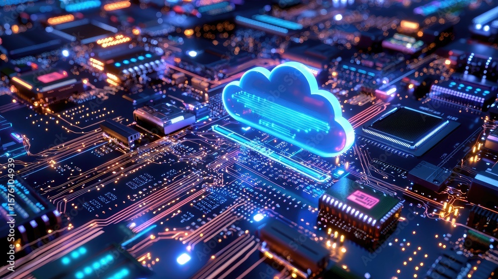 Aufkleber cloud computing data network with circuits and neon effects
