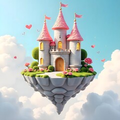 Cute magical castle above clouds with flowers high resolution photo