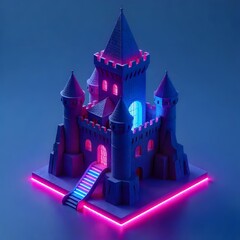 Enchanted blue castle with pink window glow high resolution photo