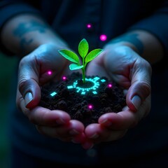 Hands nurturing digital eco seedling growth high resolution photo