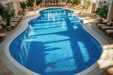 Swimming pool top view. Swimming pool with trees and sun loungers. Colored tiles on terrace