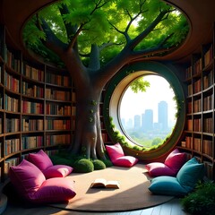 Modern circular library with indoor tree high resolution photo