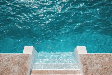 Entrance to the pool. Stone white stairs to pool. Sea