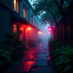Neon lights glowing in foggy asian alleyway high resolution photo