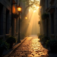 Old cobblestone street glowing softly at dawn high resolution photo