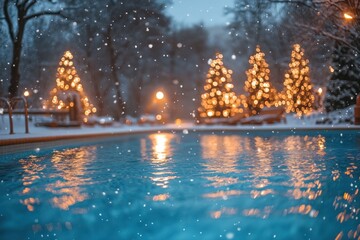 Warm pool in winter. Pool against backdrop of tall trees with snow. Christmas trees with garlands
