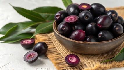 Heap of fresh Jamun berries and halved ones,food, olive, black, fruit, healthy, olives, oil, bowl, green, white, berry, ripe, sweet, fresh, isolated, diet, vegetarian, red