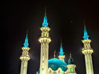 Stunning nighttime view of Kul Sharif Mosque in Kazan showcasing intricate architecture and...