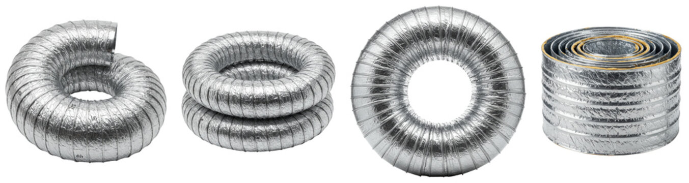 Metallic flexible ducting in various shapes and sizes on transparent background  