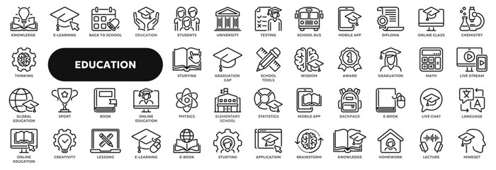 Set of vector line icons related to online education, school and university lessons, webinar. Symbols for website or app UI, logo design, illustration
