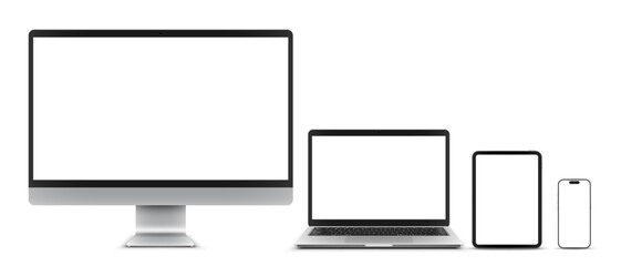Vector illustration of monitor, laptop, digital tablet, mobile phone with blank empty white screen. Realistic mockup or template, isolated on white background