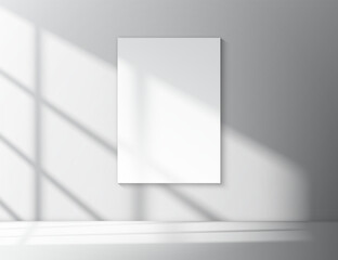 Realistic vector mockup of white vertical A4 poster with soft shadows of window inside empty minimalistic interior. Print or product presentation template