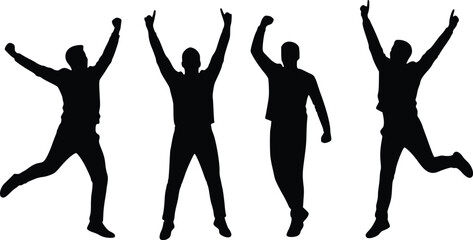 Silhouette of four people in joyful celebratory poses with raised arms