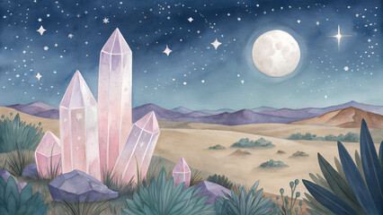 Large pink and purple crystals rise from a desert landscape under a starry night sky with a full moon