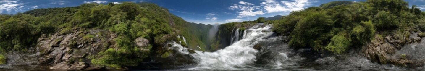 Fototapeta premium Majestic waterfall in nature hdr 360 degrees panoramic view lush green landscape