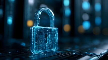 Abstract digital padlock hologram over a keyboard or server rack with blue tones and futuristic UI.
Concept:Cybersecurity, data protection, and futuristic tech. Ideal for secure digital and IT visua
