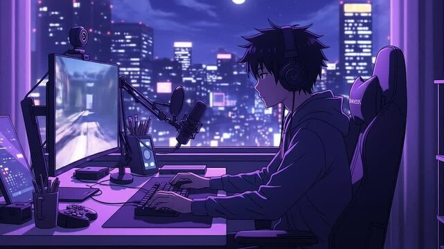 Anime-style illustration of a young man gaming at his computer, overlooking a cityscape at night.