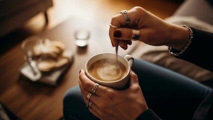 Cozy Morning Ritual: Woman's Hands Stirring Steaming Coffee with Gentle Light Indoors